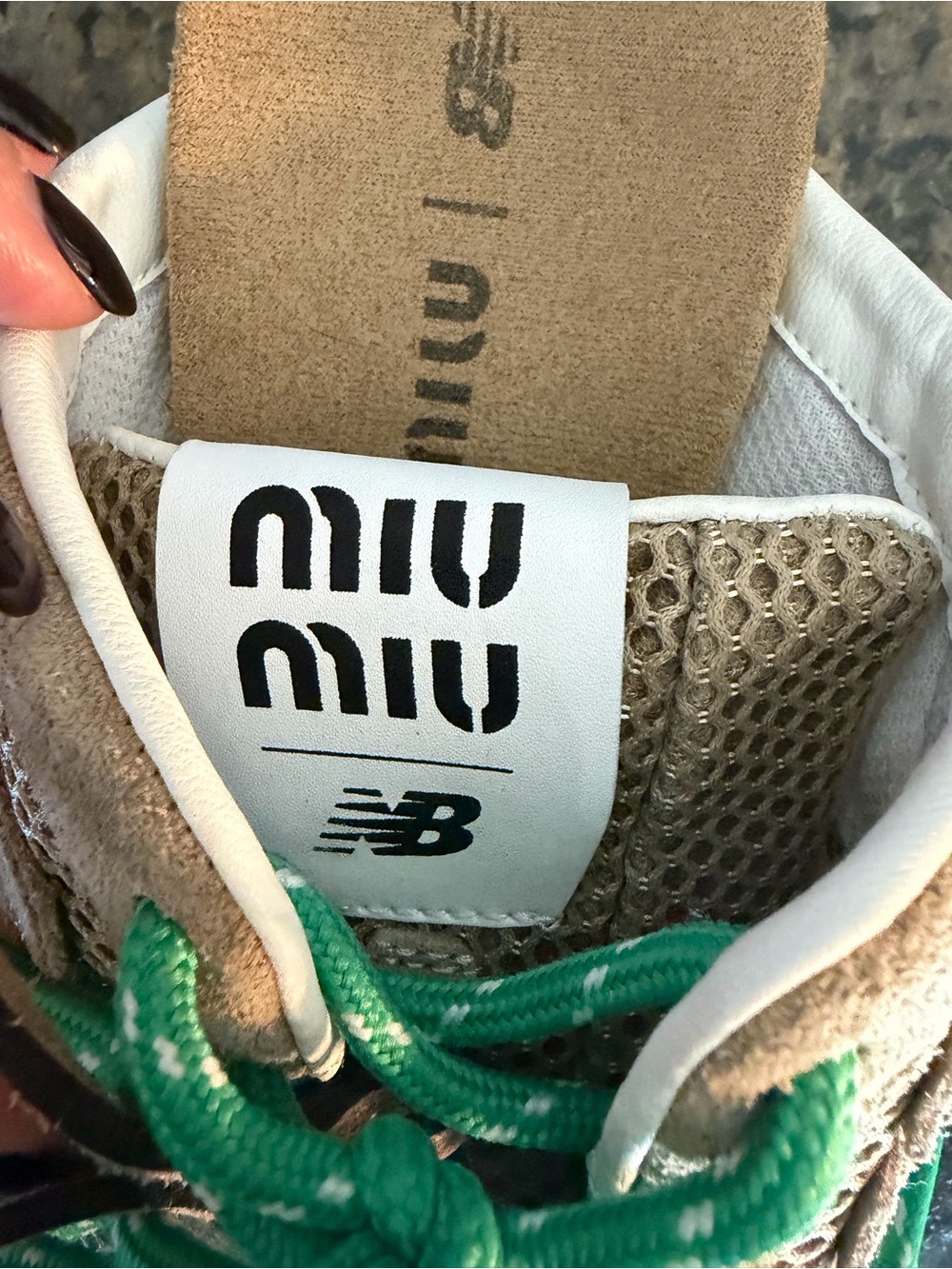 Miu Miu x New Balance Beige Suede Mesh Sneaker Clogs with Green Accent Laces - Picture 8 of 8